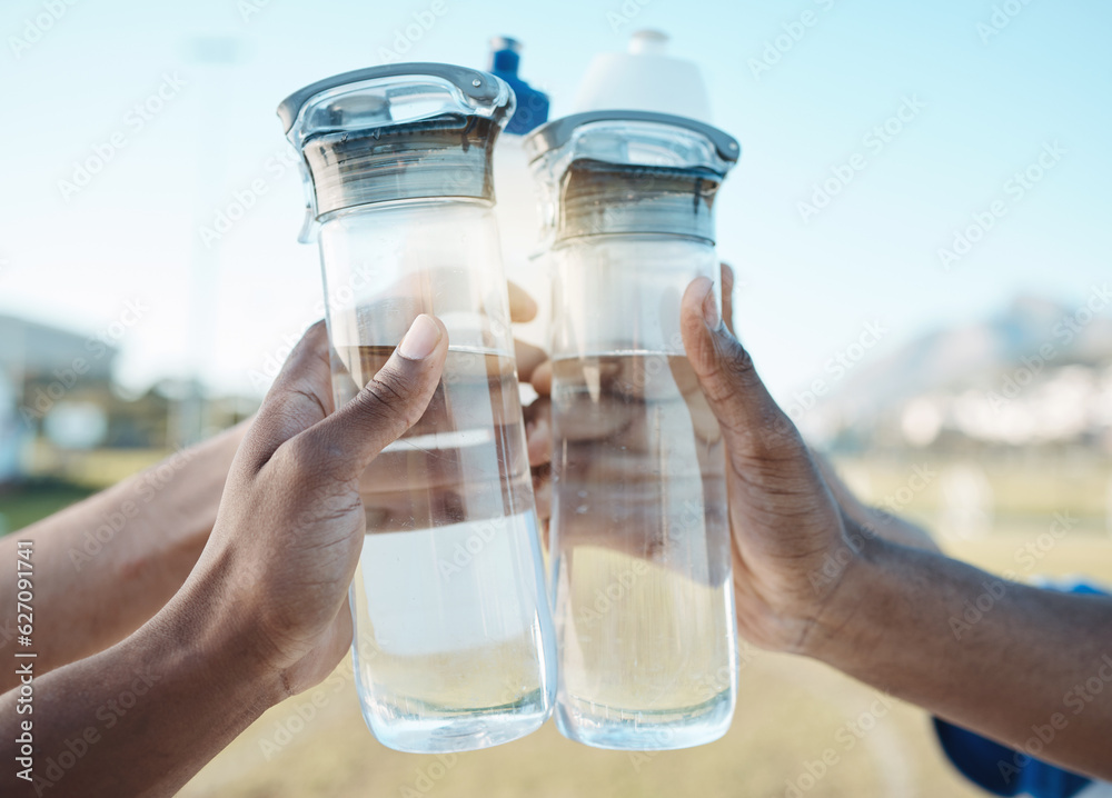 Fitness, water bottle or hands toast in stadium together after workout, exercise or training game ou