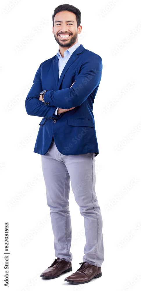 Business, happy portrait and asian man in studio with arms crossed of financial advisor, professiona