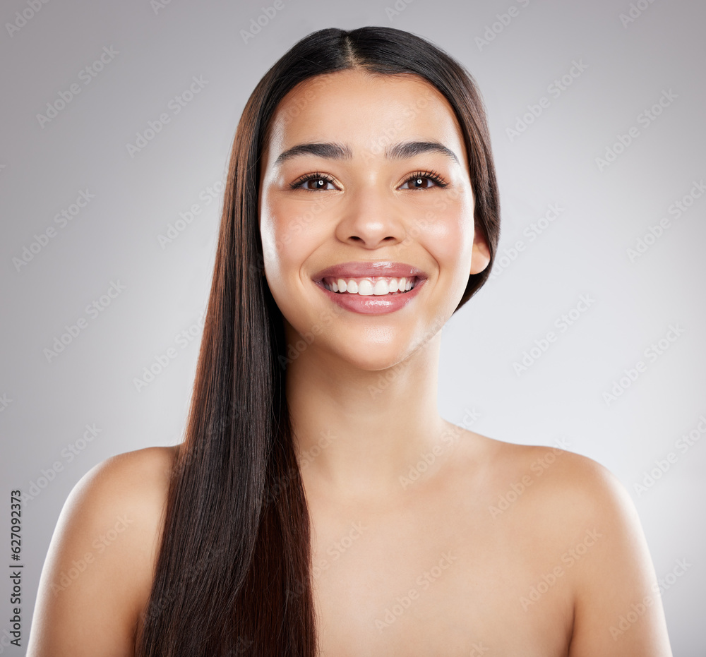 Woman in portrait, hair and beauty with hairstyle and shine, haircare and growth isolated on studio 