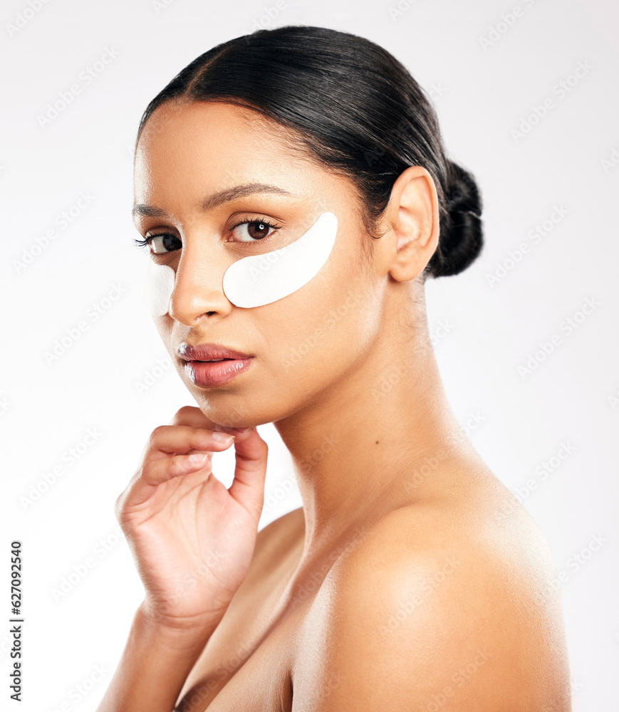 Woman, portrait and eye mask for skincare, beauty or cosmetics against a white studio background. Fa