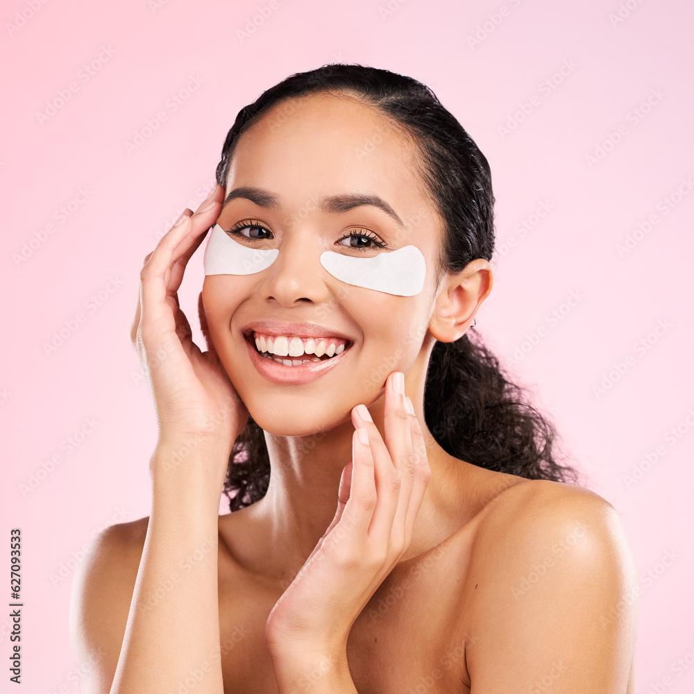 Face mask, eye patch and beauty of a woman with natural skin glow on a pink background. Dermatology,