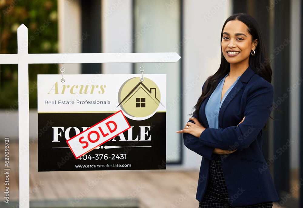 Sold board, realtor woman and portrait with arms crossed for home investment, property sale and agen