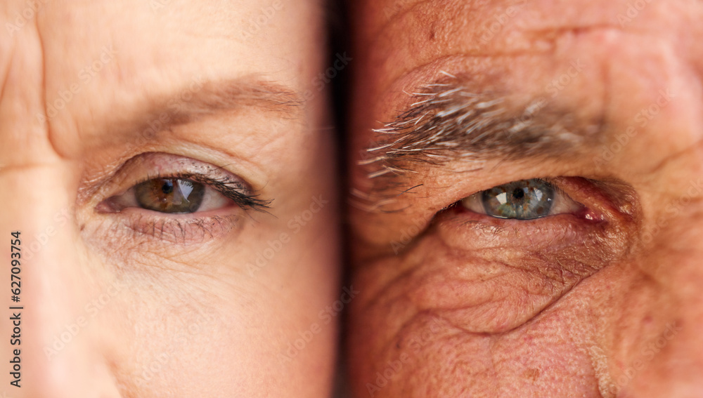 Face, eyes and closeup of old couple with wrinkles on skin for natural aging process in retirement. 