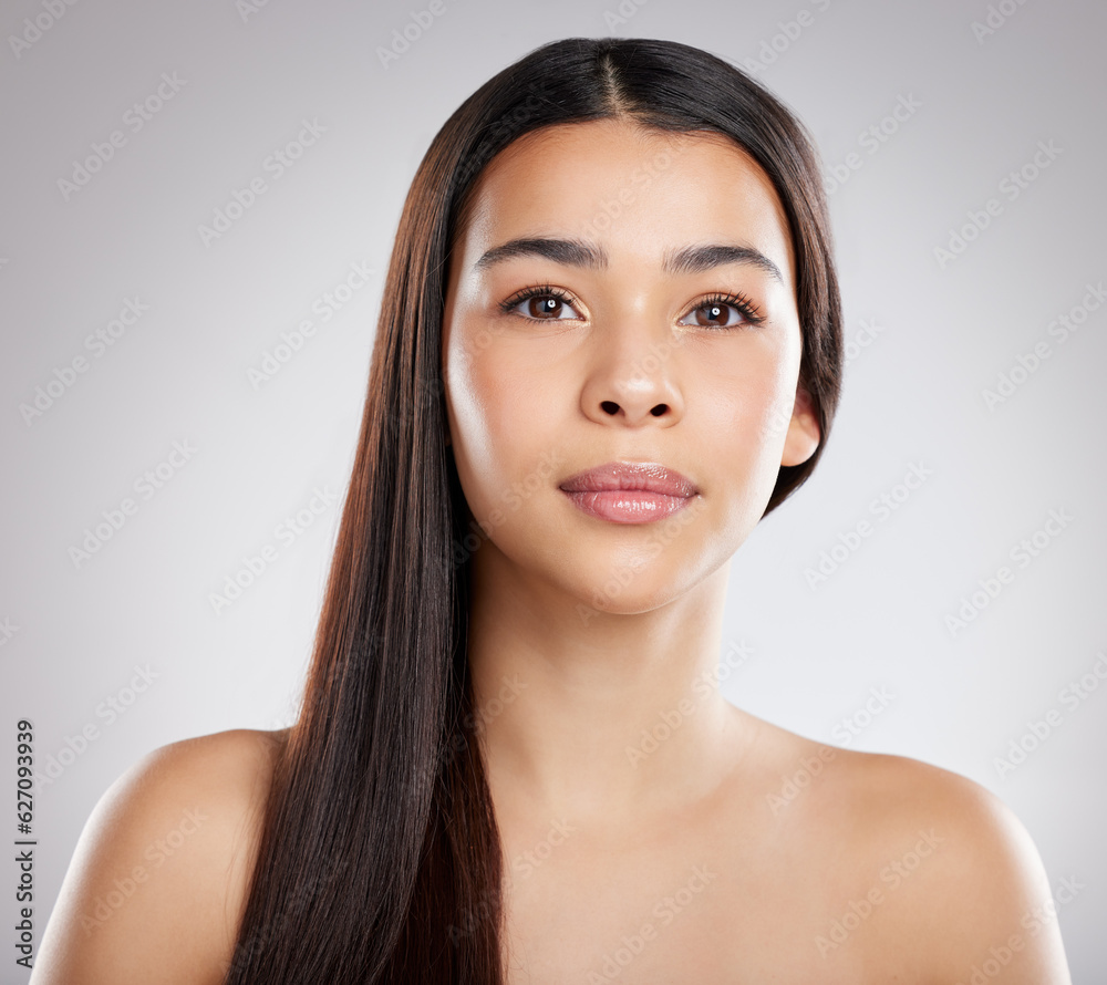 Woman in portrait, face and hair, beauty with hairstyle and shine, haircare and growth isolated on s