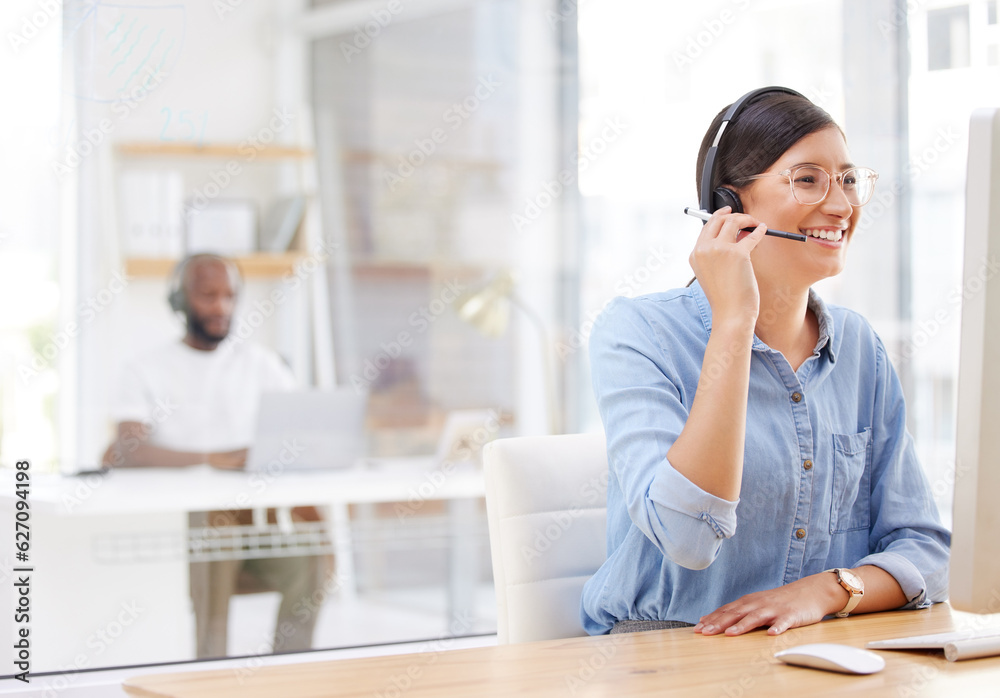 Call center, computer and happy woman, virtual consultant or advisor in customer support, online adv