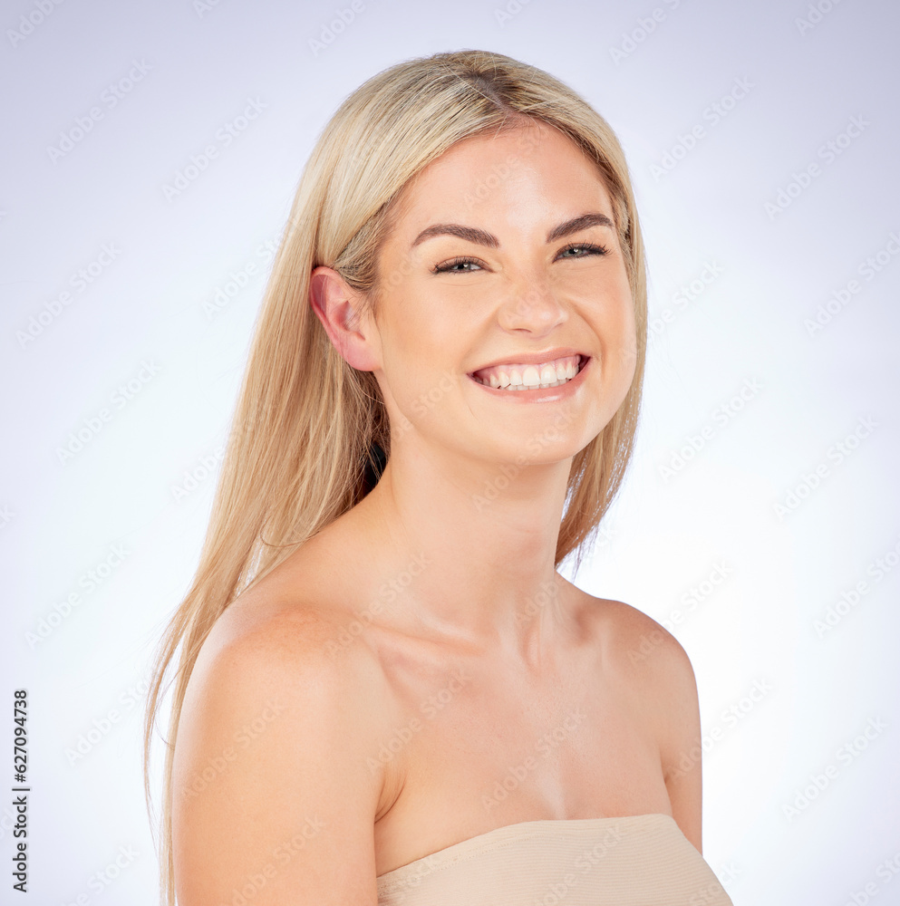 Portrait, blonde and beauty of happy woman with skincare, natural aesthetic and studio background. F