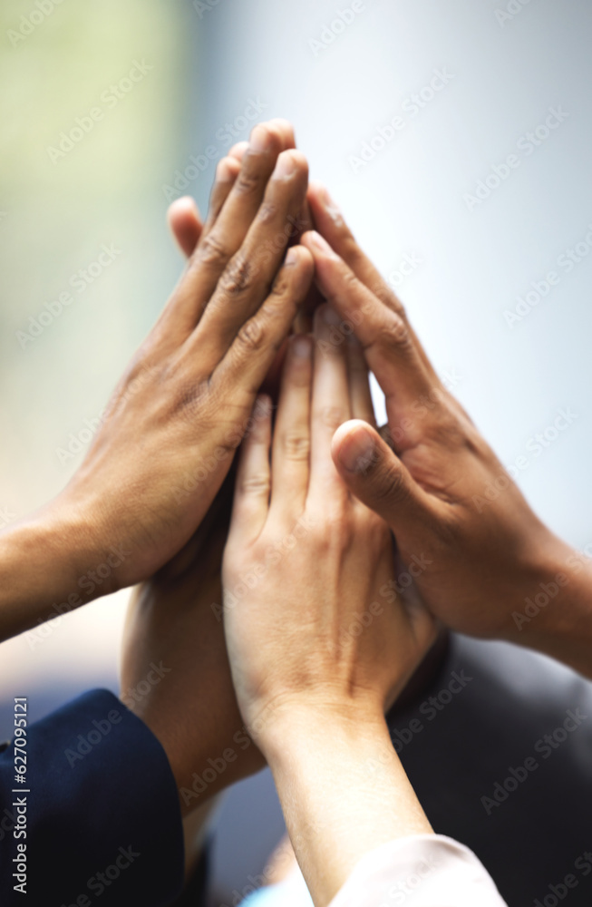 High five, success and hands of employees for team building, meeting or collaboration. Unity, divers