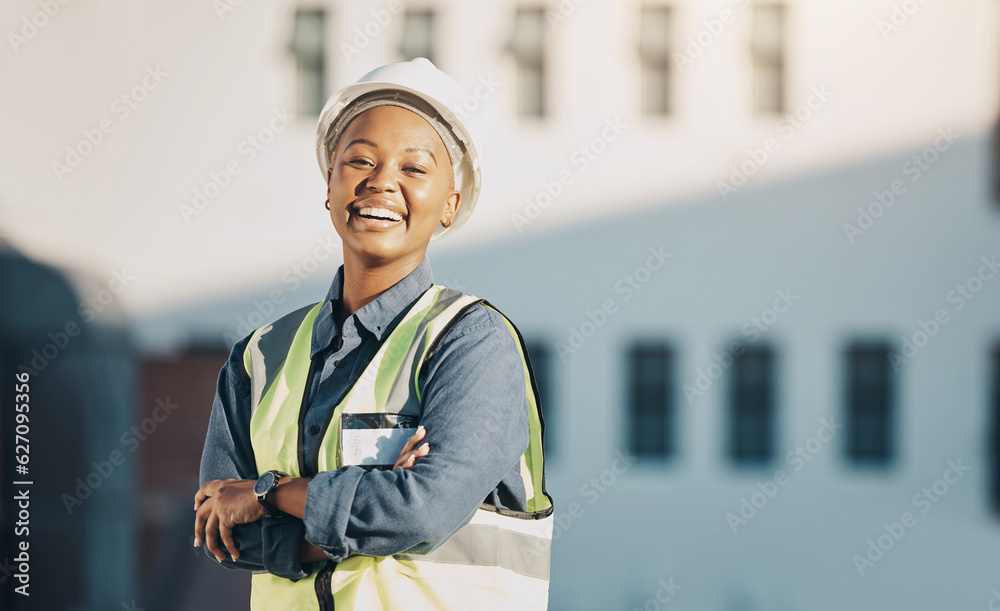 Woman, construction worker and arms crossed portrait with a smile for engineering and building renov