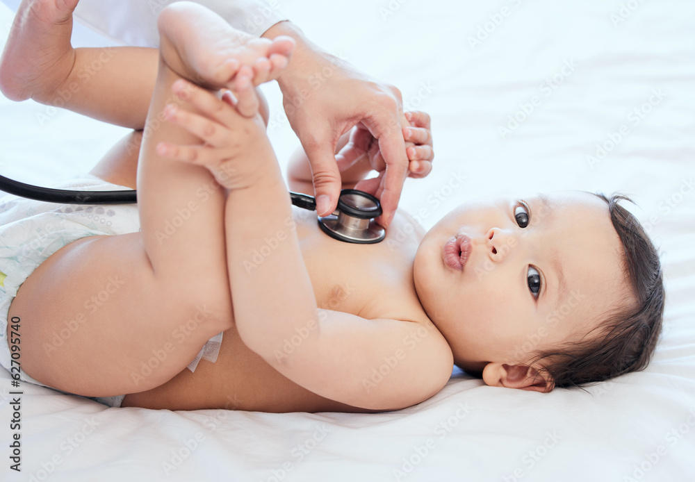 Stethoscope, health and baby in a clinic, checkup and wellness with heartbeat, growth and cardiology