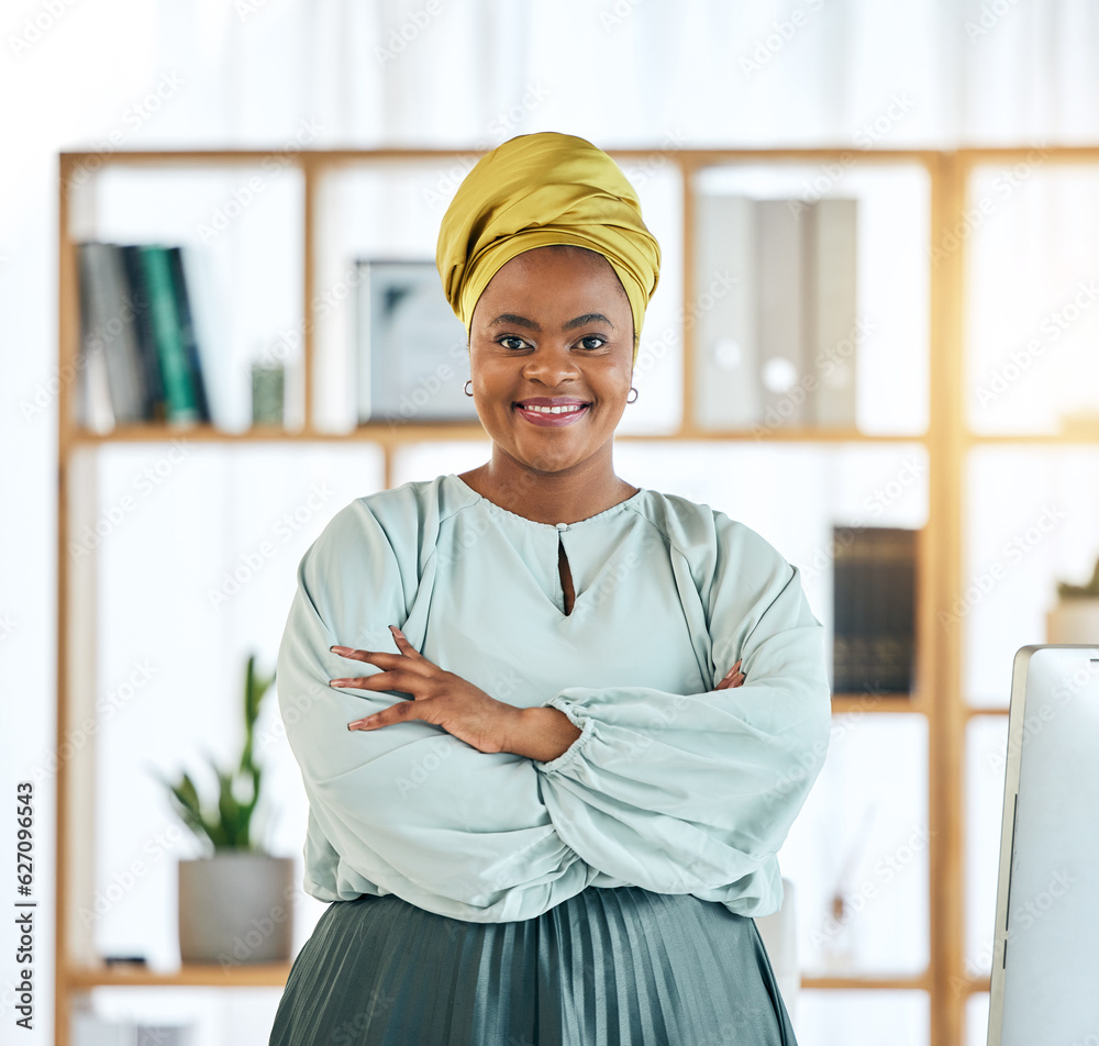 Black woman, business and arms crossed, smile in portrait and professional mindset with attorney at 