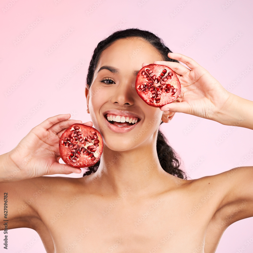 Woman, skincare portrait and pomegranate for beauty, natural cosmetics and facial product or vitamin