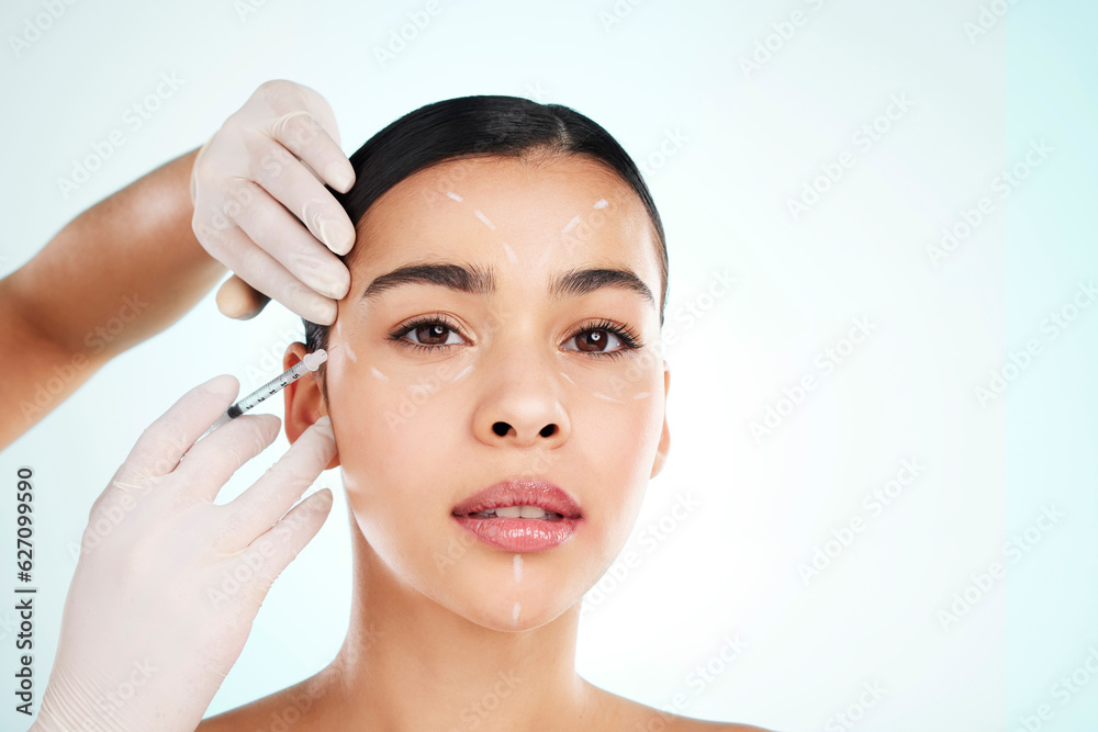 Skincare, woman and face injection for plastic surgery in studio isolated on white background. Portr