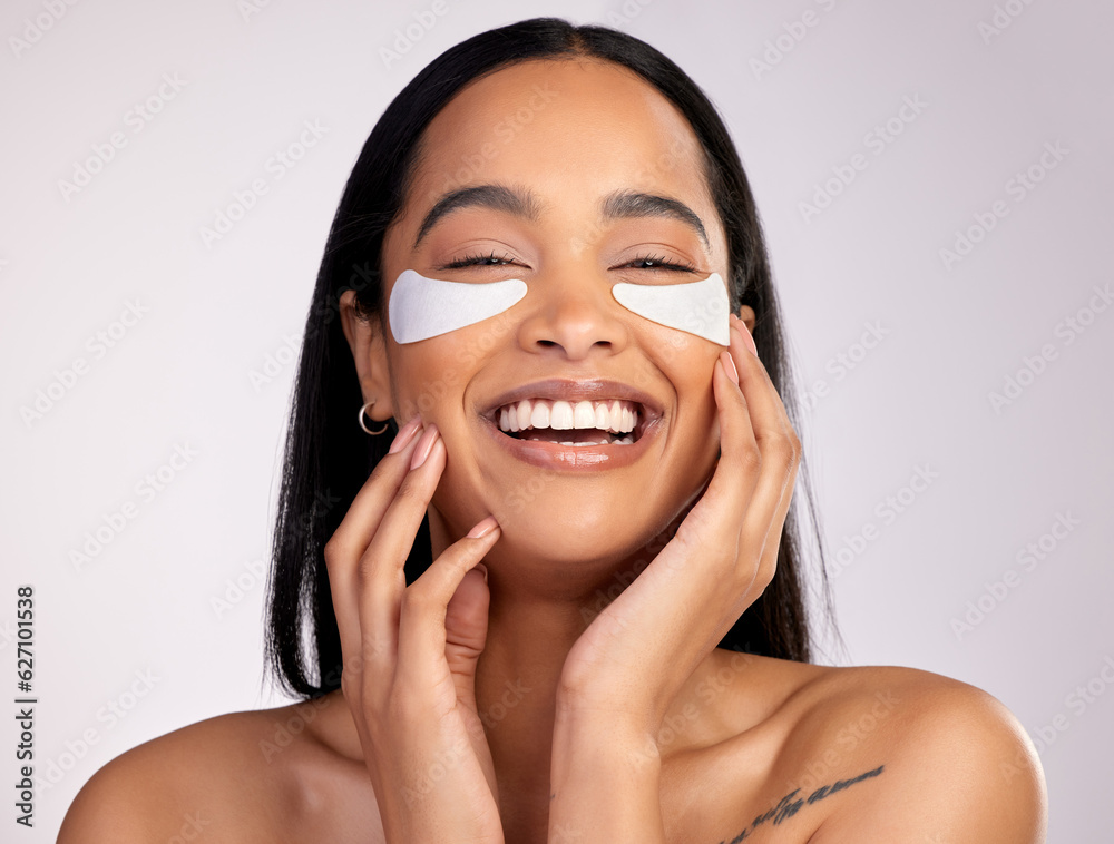 Happy woman, portrait smile and eye mask in skincare, collagen or dermatology against a grey studio 