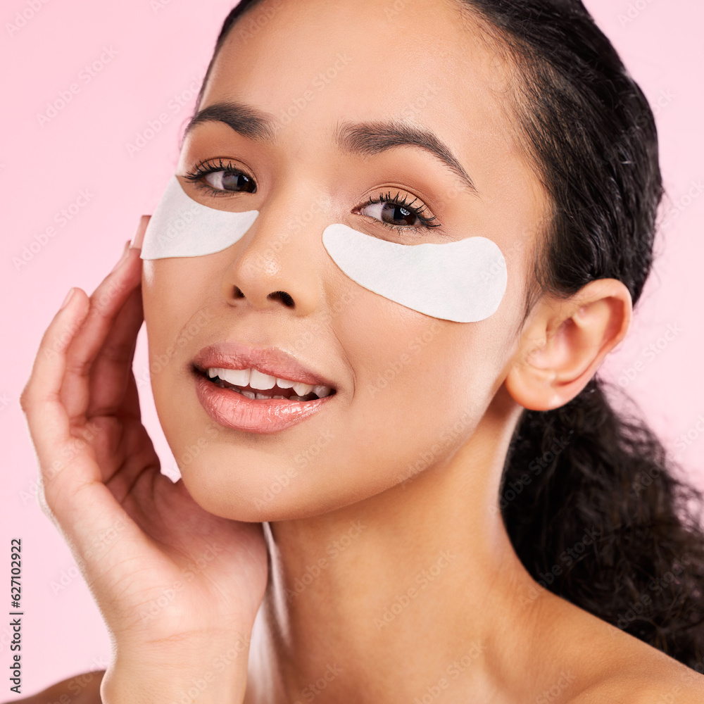 Eye patch, face mask and beauty of a woman with natural skin glow on a pink background. Dermatology,