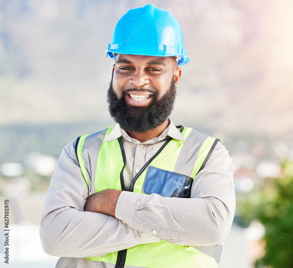 Happy black man, portrait and architect with arms crossed in city for construction management on sit