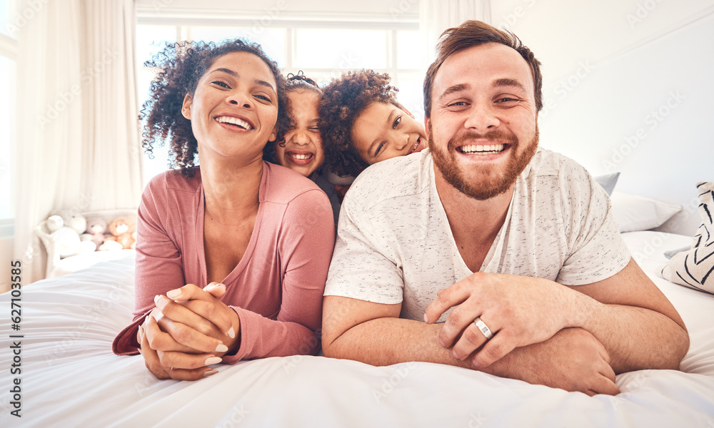 Portrait, happy family and relax on a bed, bond and having fun on the weekend in their home together