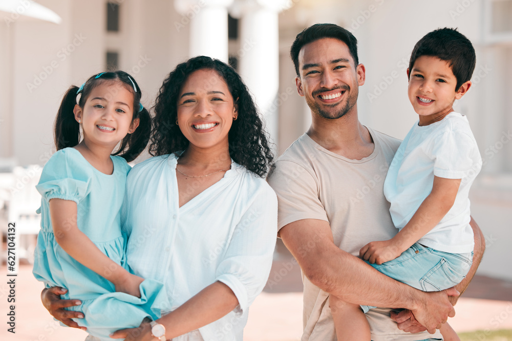 Happy, family and portrait of parents with kids outdoor at house, home or backyard in summer or happ