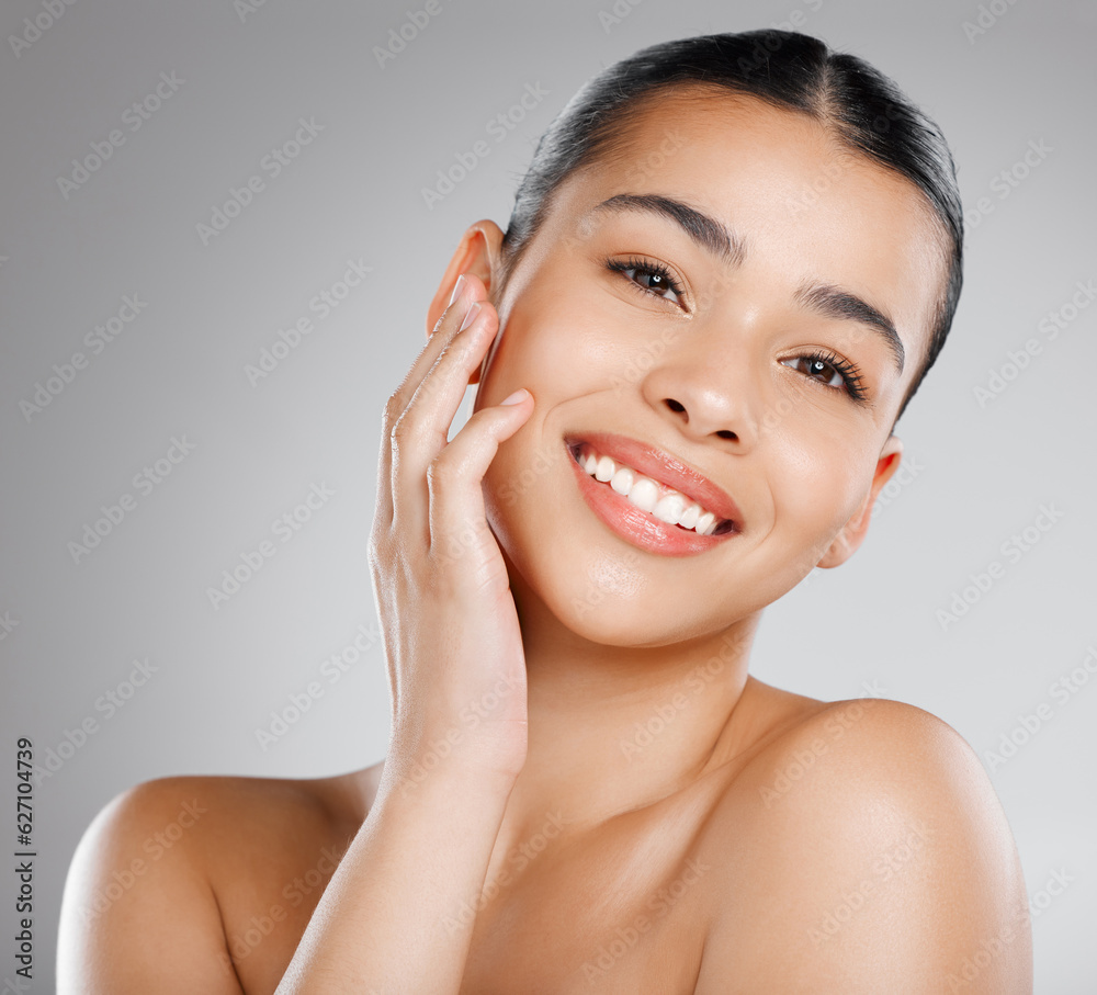 Skincare, natural beauty and happy woman portrait with cosmetics, confidence and dermatology. Female