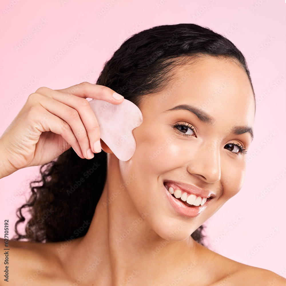 Gua sha, face massage and woman with natural beauty, skin glow and cosmetics. Portrait of a young ae