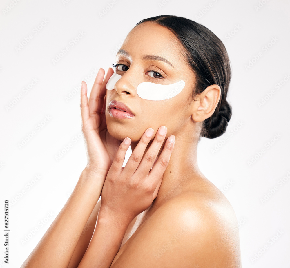 Woman, portrait and eye mask in skincare, cosmetics or beauty against a white studio background. Fac