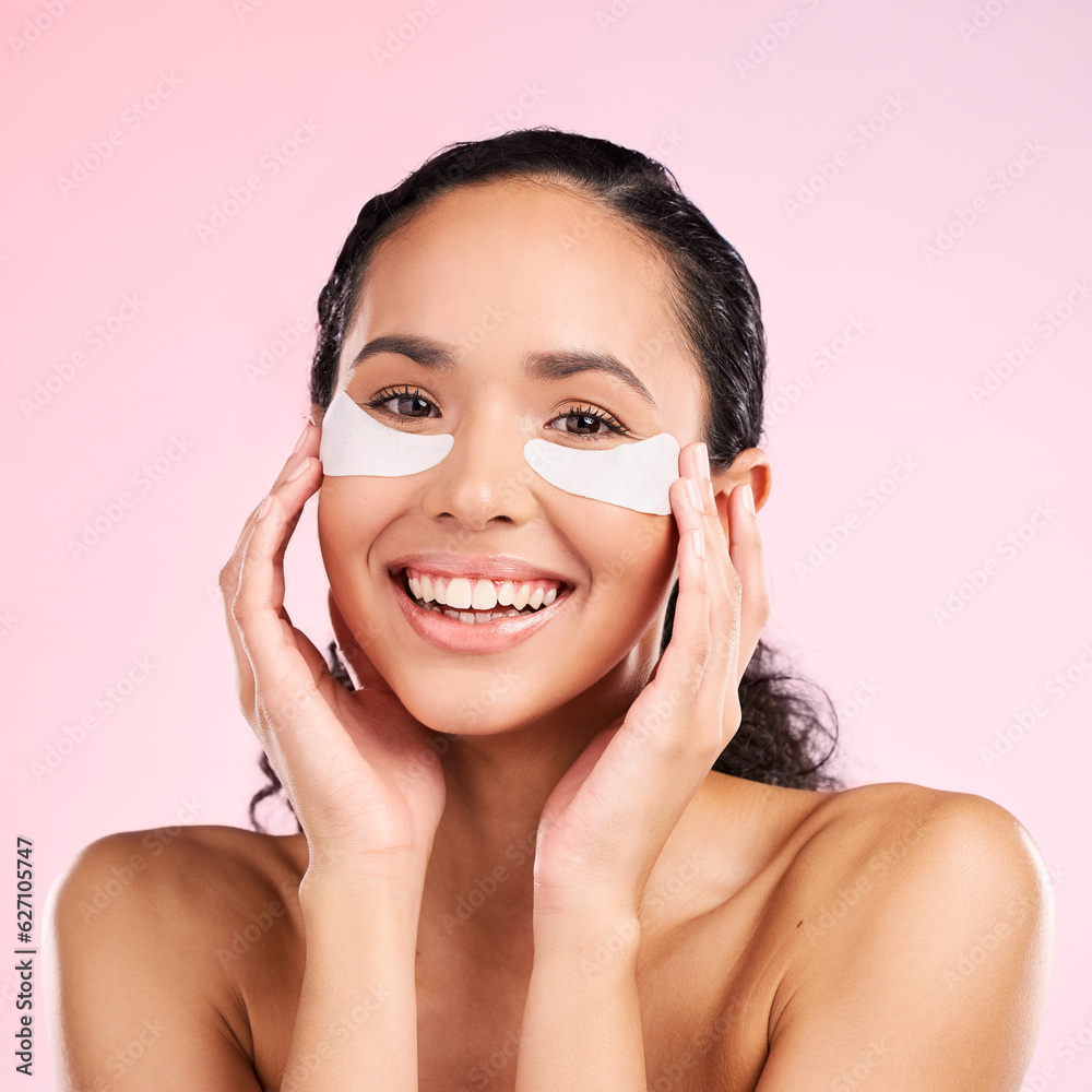 Face, eye patch and beauty of a woman with natural skin glow on a pink background. Dermatology, coll