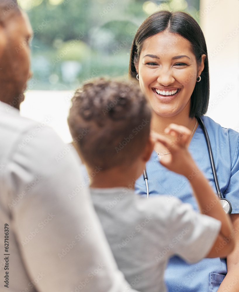 Father, child and nurse for health care in a hospital while happy and talking at consultation. Afric