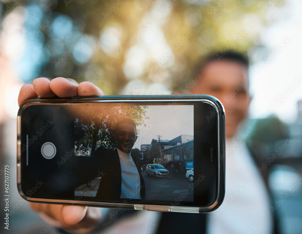 Selfie, phone screen and business man in city for social media, profile picture and online post. Tra