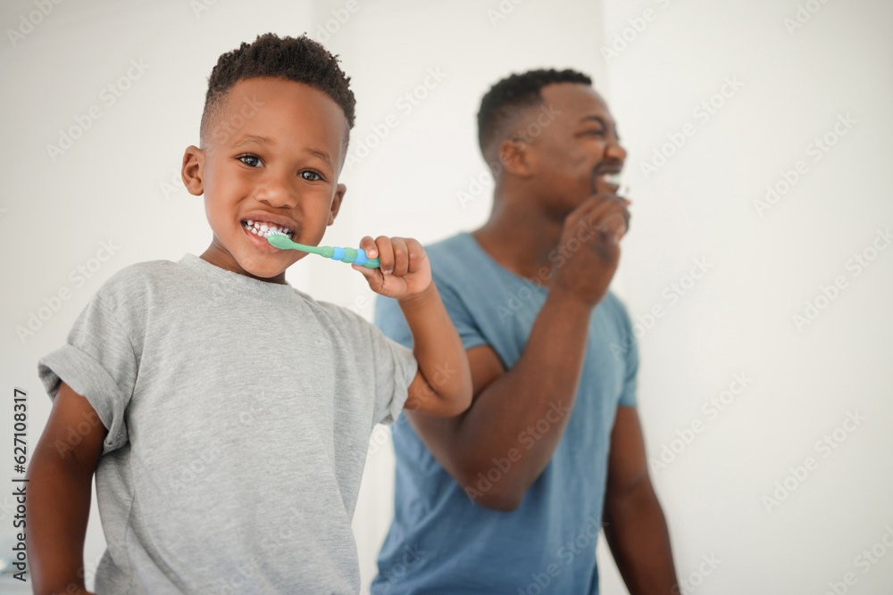 African father, bathroom and brushing teeth with son, care or love for cleaning, hygiene or dental h