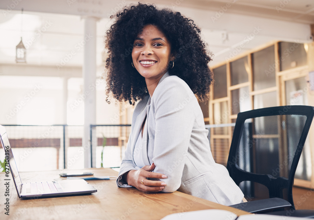 Portrait of business black woman working on laptop for office startup, career hr management and comp