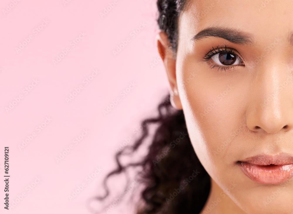 Skincare, beauty and half portrait of woman in studio for wellness, facial treatment and cosmetics. 