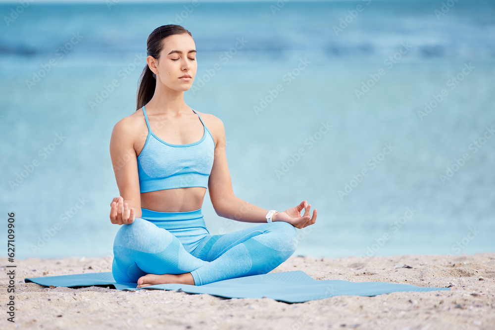 Meditation, yoga and woman by beach for wellness, healthy body and zen energy by ocean for calm. Min