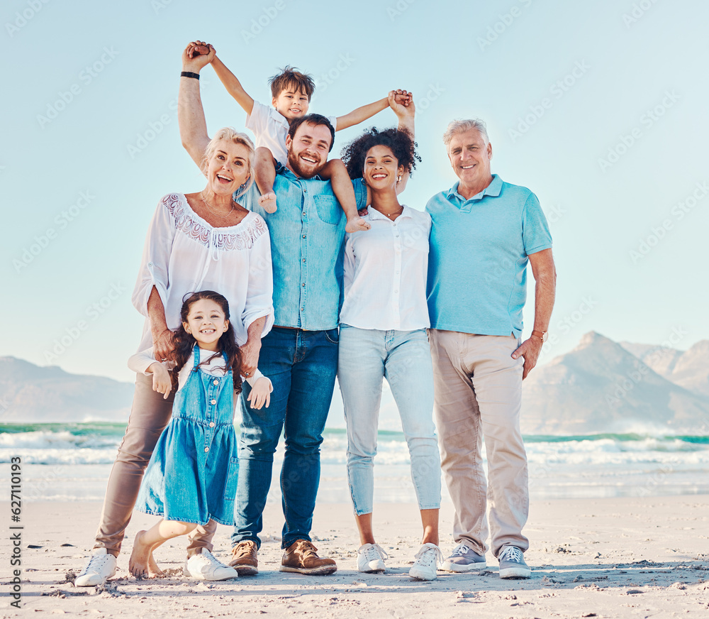 Parents, grandparents and a children at the beach for a family vacation, holiday or adventure. Portr