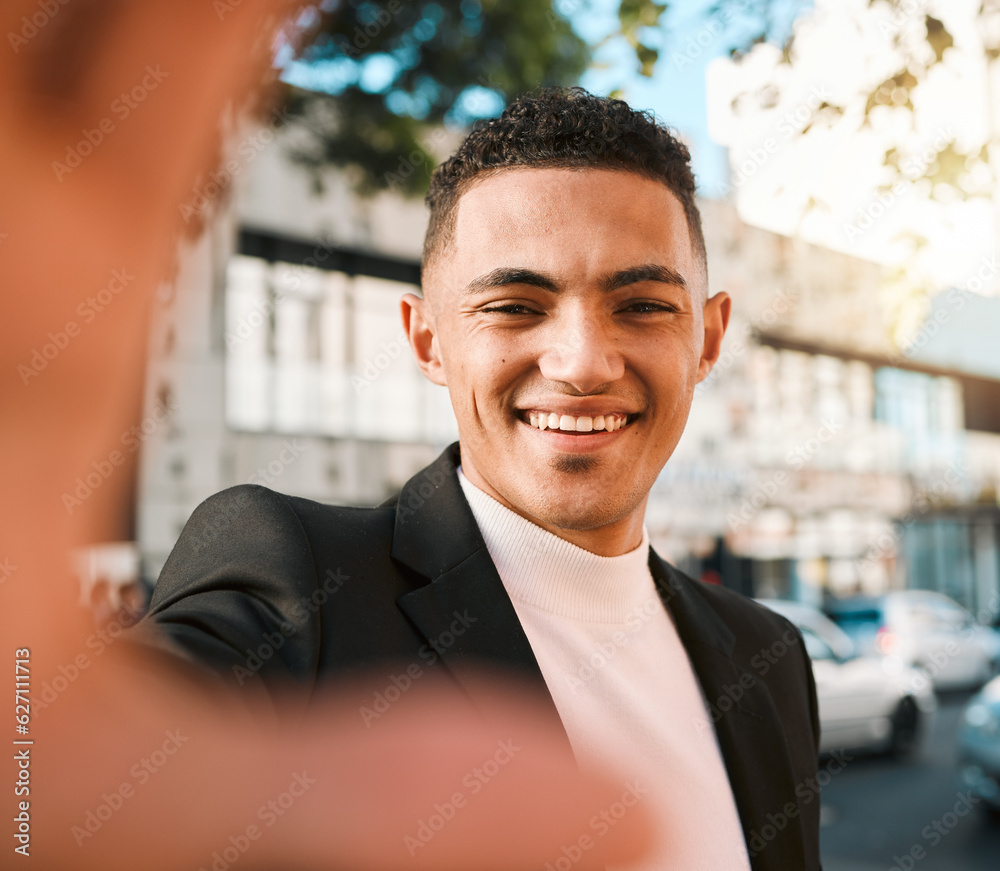 Selfie, happy and portrait of business man in city for social media, profile picture and blog post. 