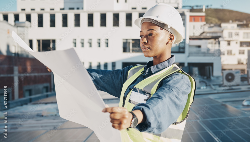 Female engineer, solar panel blueprint or outdoor on rooftop for power, sustainability plan or energ