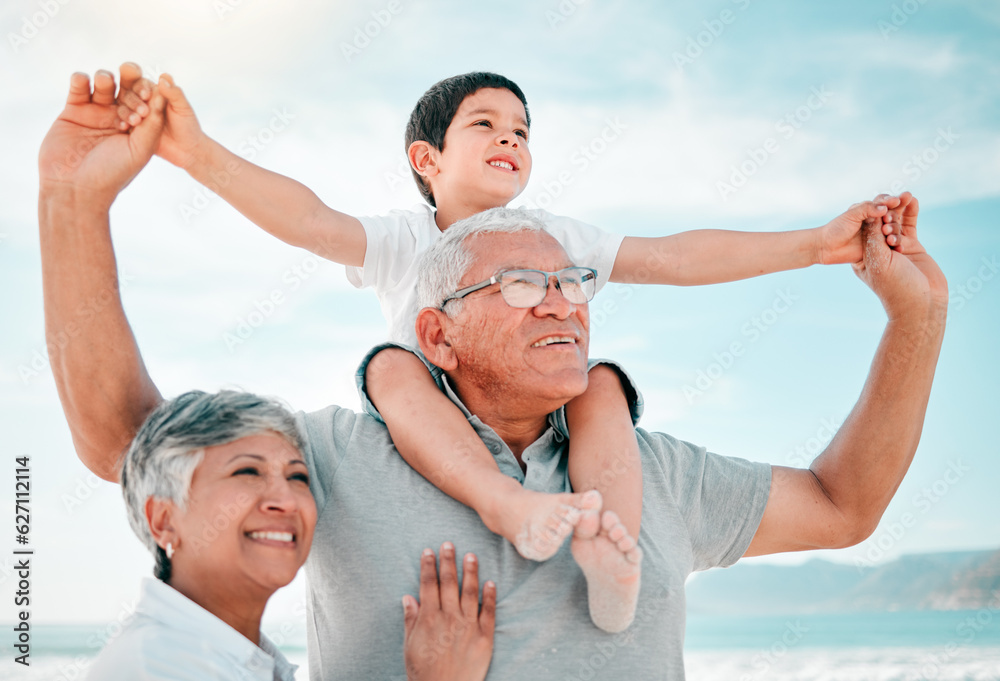 Beach, family and child on grandfather shoulder with grandmother outdoor, love and bond on holiday. 