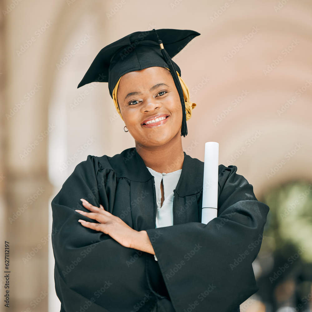 Happy, smile and portrait of woman at graduation with degree, diploma or certificate scroll. Success