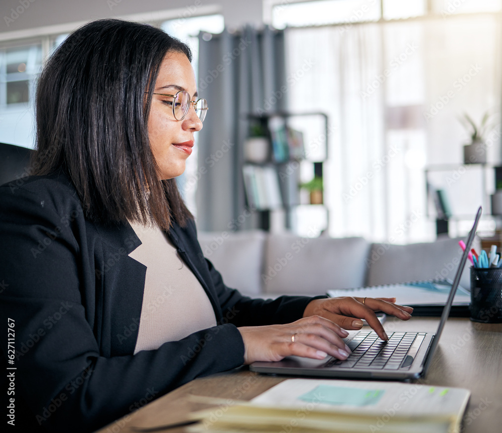 Woman, typing and laptop in office with thinking, planning or post schedule for blog content creator