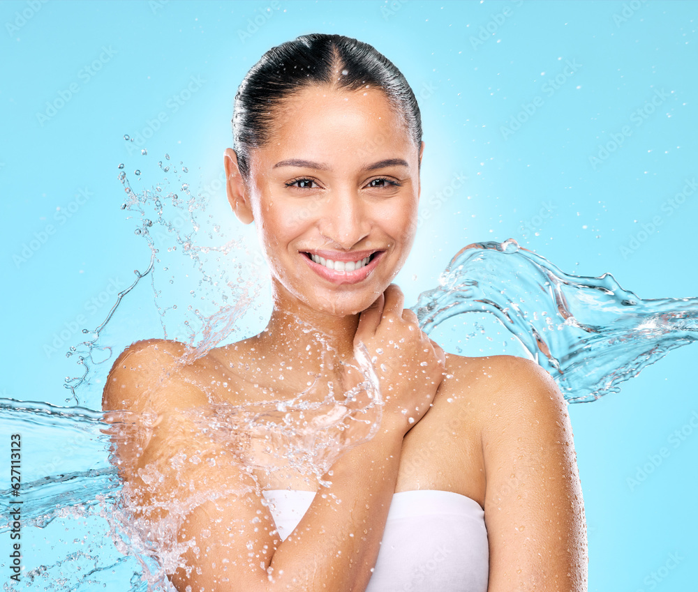 Water, skincare and shower with portrait of woman in studio for hygiene, beauty and splash. Wellness