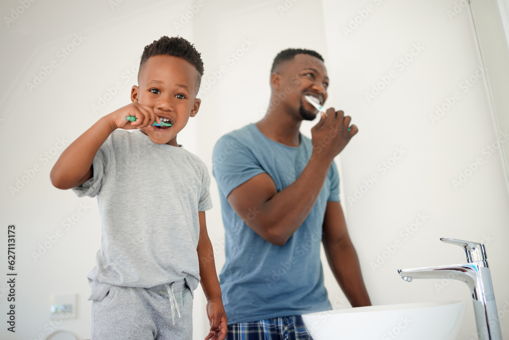 African father, bathroom and son with toothbrush, care or love for cleaning, hygiene or dental welln