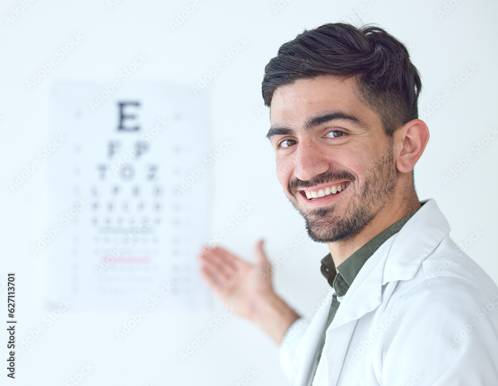 Portrait of man, doctor and eye exam with smile in clinic or vision and eyesight in medical office. 