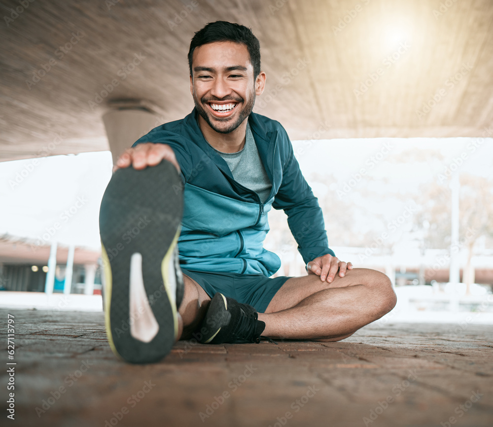 Man, stretching and foot for workout and fitness in the outdoor for wellness in the city. Male athle