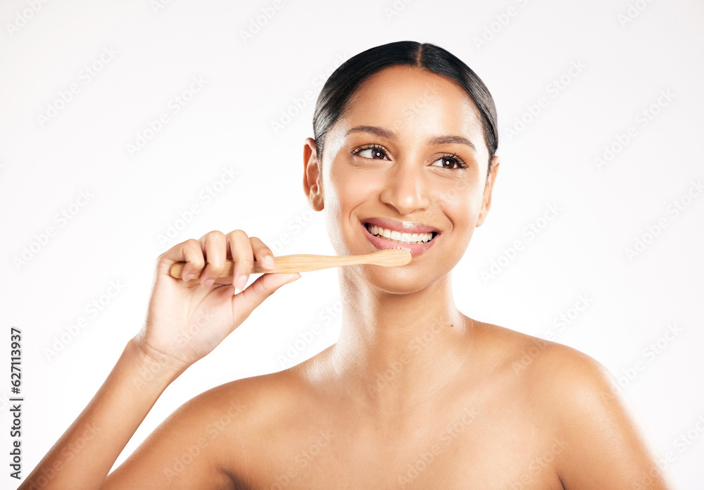 Happy woman, toothbrush and brushing teeth for dental or clean hygiene against a white studio backgr