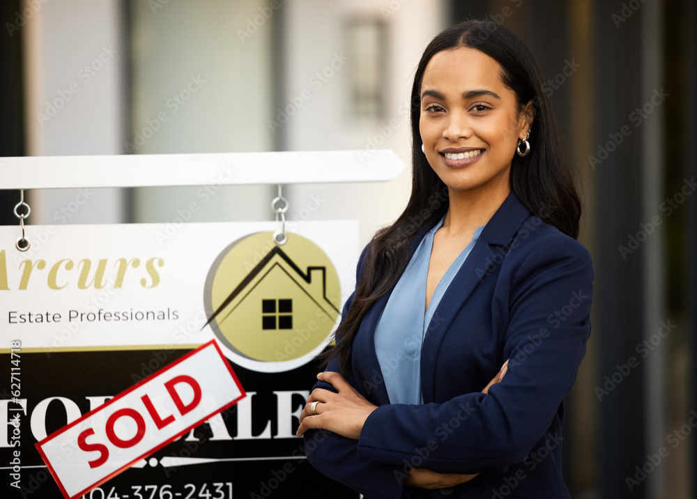 Sold, real estate and woman in portrait with arms crossed for home investment, property sale and age