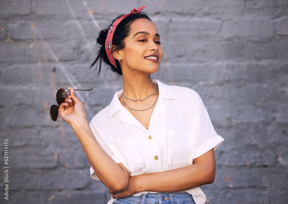 Fashion, smile and Indian woman with ideas, thinking and confident lady against grey wall with sungl