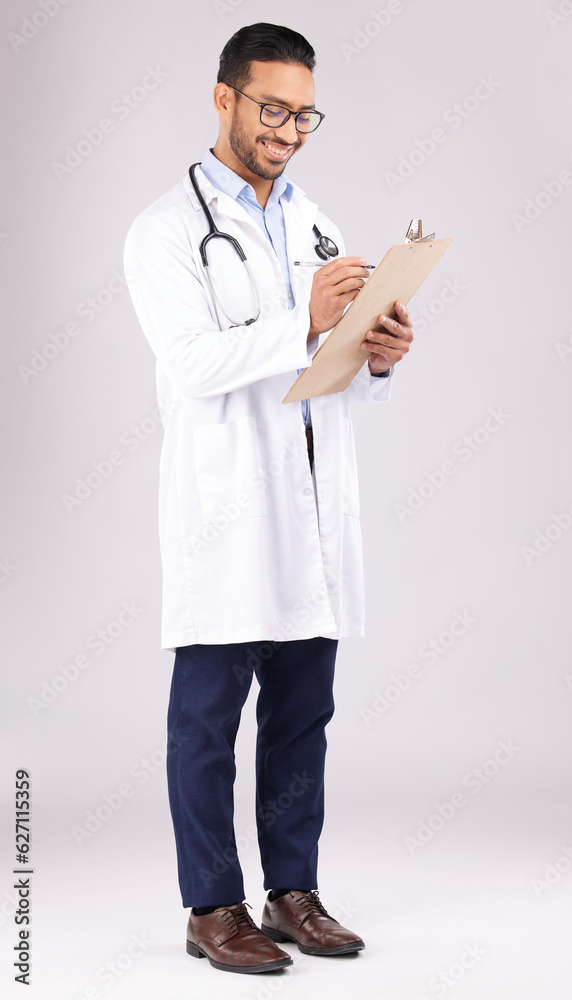 Happy man, doctor or writing on clipboard in studio, planning documents or medical schedule. Asian h