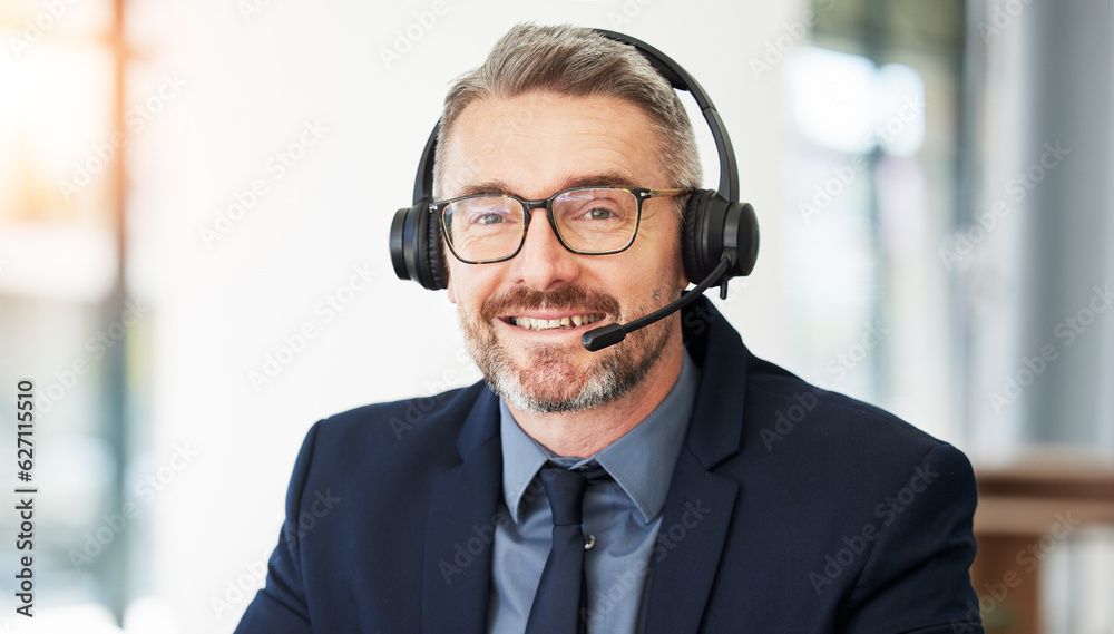 Call center, portrait and senior man with CRM and contact us, headset for communication and professi