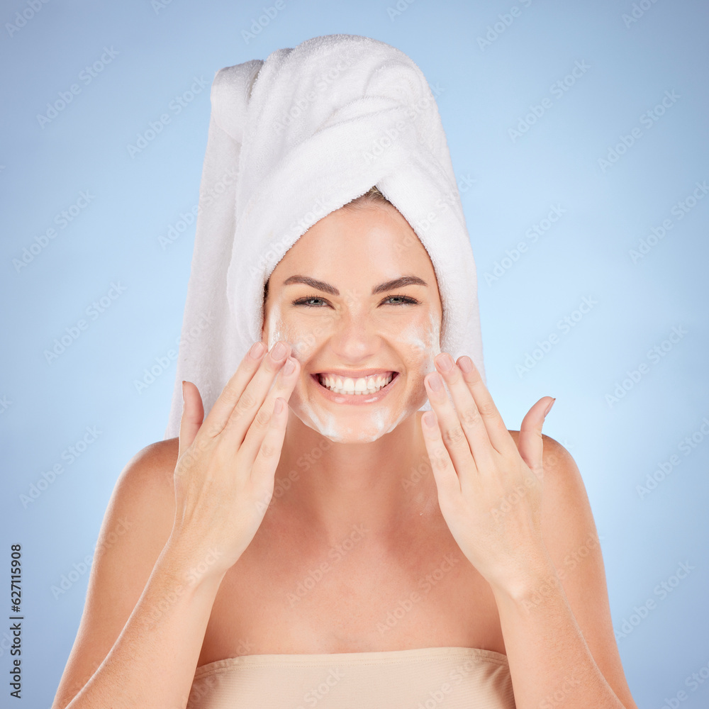 Shower, woman and portrait of face wash soap in studio, blue background and cleaning cosmetics. Happ