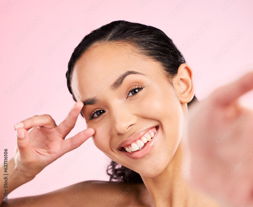 Selfie, peace hand sign and happy woman in studio with natural beauty, wellness and cosmetics. Portr