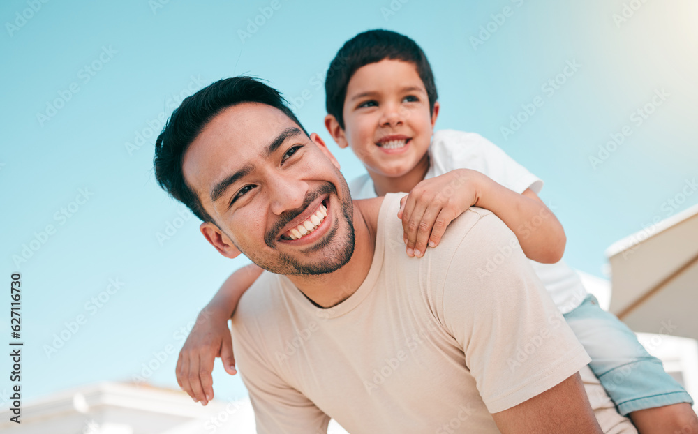 Happy, smile and piggyback with father and son in backyard for playful, support and airplane. Happin