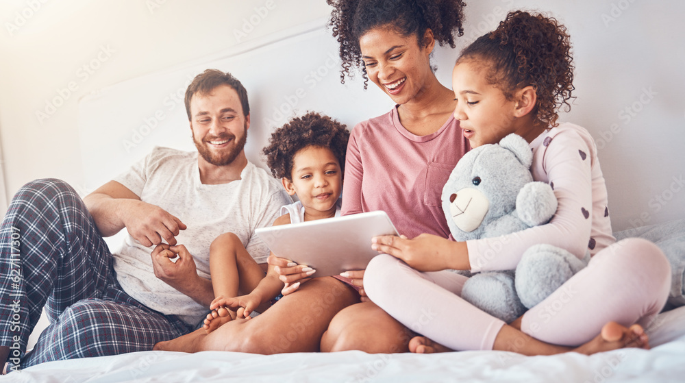 Happy family, bed and tablet streaming, movies or games while bonding, relax and play in their home.